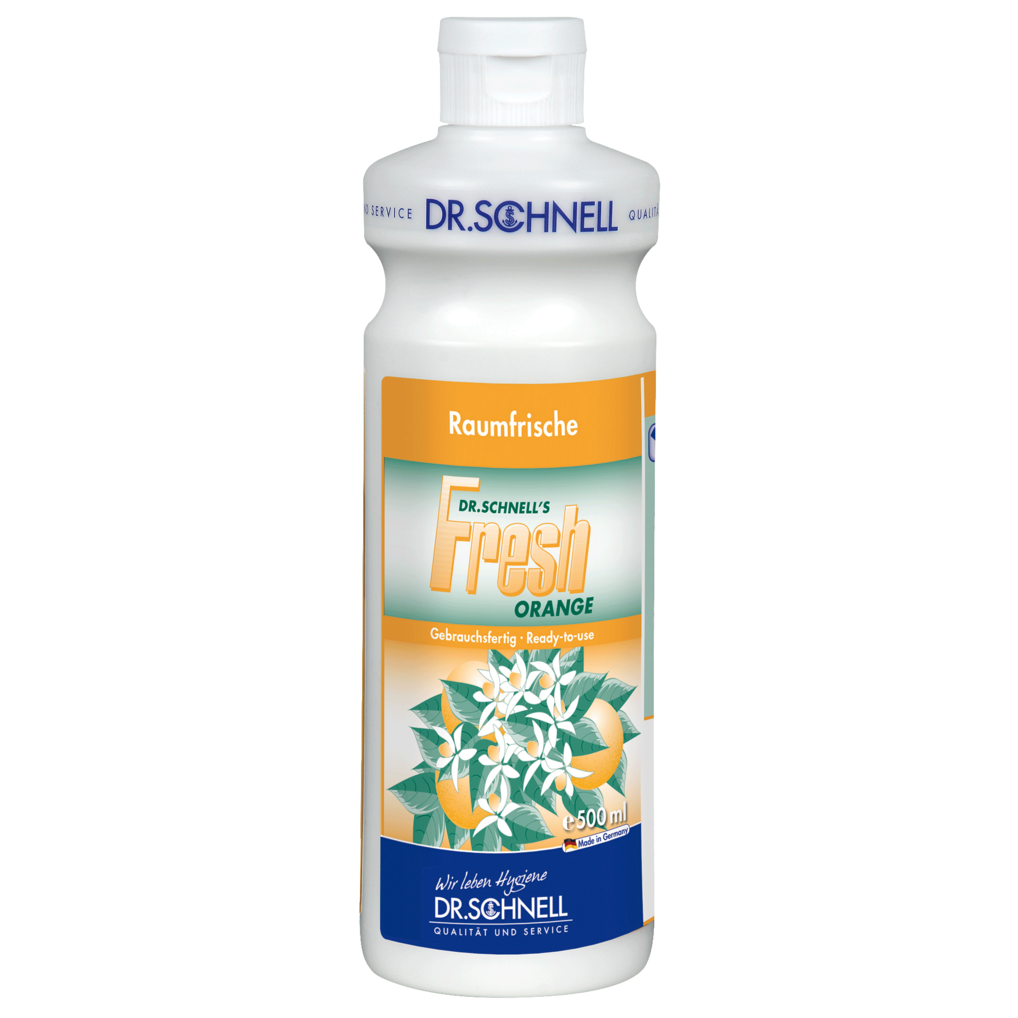 Weiße 500-ml-Kunststoffflasche von Dr. Schnell FRESH ORANGE Raumfrische mit frischem Orangenduft der DR.SCHNELL GmbH & Co. KGaA, mit Abbildungen von Orangenblüten und Orangen auf dem Etikett.