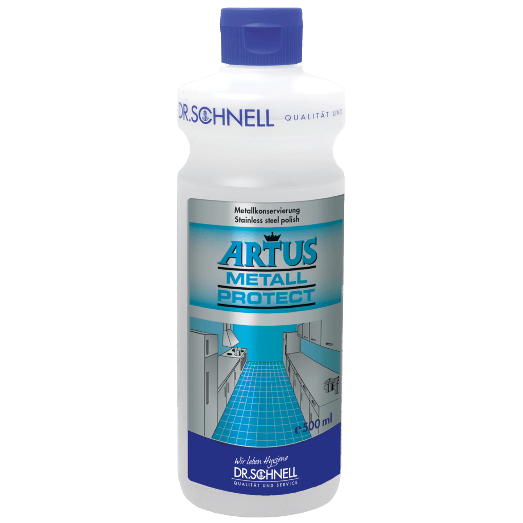 Weiße 500-ml-Kunststoffflasche mit blauem Verschluss von Dr. Schnell ARTUS METALL PROTECT, einem gebrauchsfertigen Oberflächen-Metallschutzmittel für die Gebäudereinigung der DR.SCHNELL GmbH & Co. KGaA; das Etikett zeigt eine illustrierte Küche mit glänzenden Metalloberflächen.