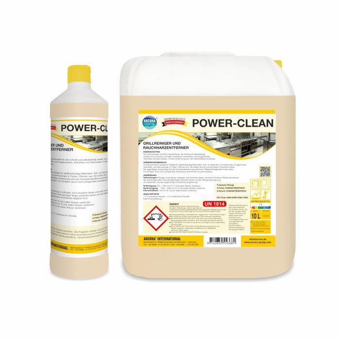 Illustré sont deux DÉTERGENTS POUR GRIL ARCORA POWER-CLEAN ET DÉCAPANTS POUR RÉSINE DE FUMÉE d'Arcora International GmbH : une bouteille de 1L et un bidon de 10L avec des bouchons jaunes, des étiquettes allemandes et des informations de sécurité - parfaits pour éliminer les résidus de grill.