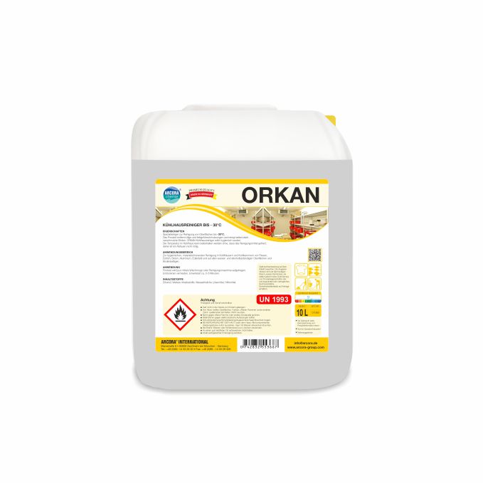 Ein weißer 10-Liter-Behälter mit der Aufschrift "Arcora Orkan" von Arcora International GmbH, mit Verwendungs- und Sicherheitsinformationen für Kühlhausreiniger bis -30°C, Abbildungen von gereinigten Räumen, Gefahrensymbolen und einer Warnung vor entzündlichen Stoffen auf der Vorderseite.
