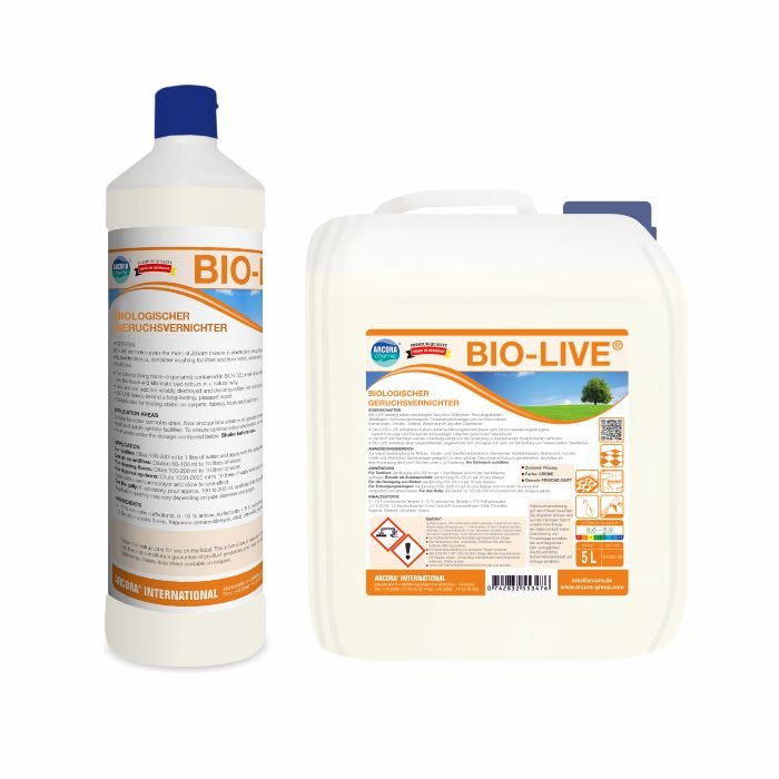 Une bouteille blanche et un récipient de 5 litres d'Arcora BIO-LIVE Nettoyant biologique et éliminateur d'odeurs de Arcora International GmbH, avec des étiquettes orange/bleues - idéal pour un nettoyage écologique et une élimination efficace des odeurs.