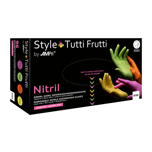 Gants en nitrile AMPri Style Tutti Frutti, non poudrés, assortiment de couleurs | Boîte (96 pièces)