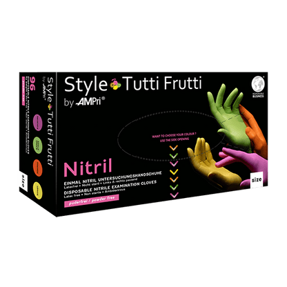 Gants en nitrile AMPri Style Tutti Frutti, non poudrés, assortiment de couleurs | Boîte (96 pièces)