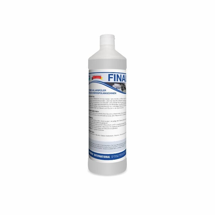 Une bouteille en plastique blanche de 1L avec l'inscription "Arcora Finalin Rince-Éclat Intensif Pour Lave-Vaisselle" de Arcora International GmbH, avec des lettres bleues et une image de lave-vaisselle, assure une vaisselle brillante et contient un mode d'emploi détaillé.
