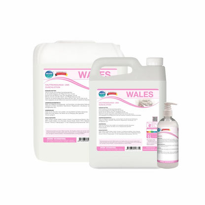 Drei Arcora WALES HAUTREINIGUNGS- UND DUSCHLOTION-Behälter der Arcora International GmbH - Pumpflasche, Kanne und Kanister mit weißer und rosafarbener Aufschrift - milde Duschlotion für alle Hauttypen.