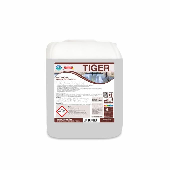 Un bidon en plastique blanc de 10 litres de la société Arcora International GmbH porte l'inscription "TIGER", des détails sur le produit, des symboles de danger et des instructions de nettoyage. Il contient le nettoyant universel haute performance Arcora Tiger pour des tâches de nettoyage polyvalentes.