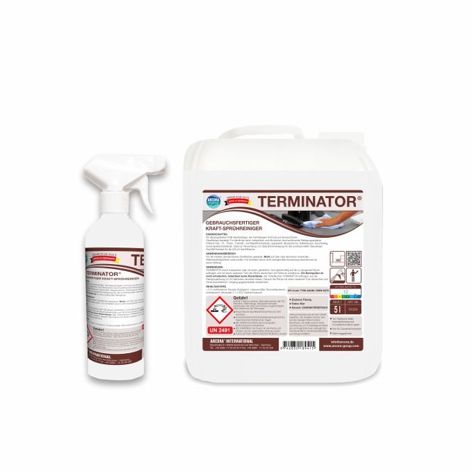 Illustré sont un flacon pulvérisateur blanc et un conteneur blanc de 5 litres d'Arcora TERMINATOR (FORMULE COMME SPEEDBALL) NETTOYANT PUISSANT PRÊT À L'EMPLOI de Arcora International GmbH avec des symboles d'avertissement et des étiquettes détaillées sur fond blanc.