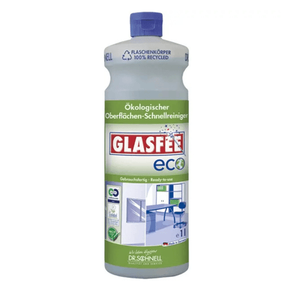 Dr. Schnell GlasFee Eco nettoyant pour surfaces de DR.SCHNELL GmbH & Co. KGaA est livré dans une bouteille avec une étiquette verte et blanche et un bouchon bleu, est respectueux de l'environnement, prêt à l'emploi et certifié par l'écolabel de l'UE comme nettoyant polyvalent respectueux de l'environnement.