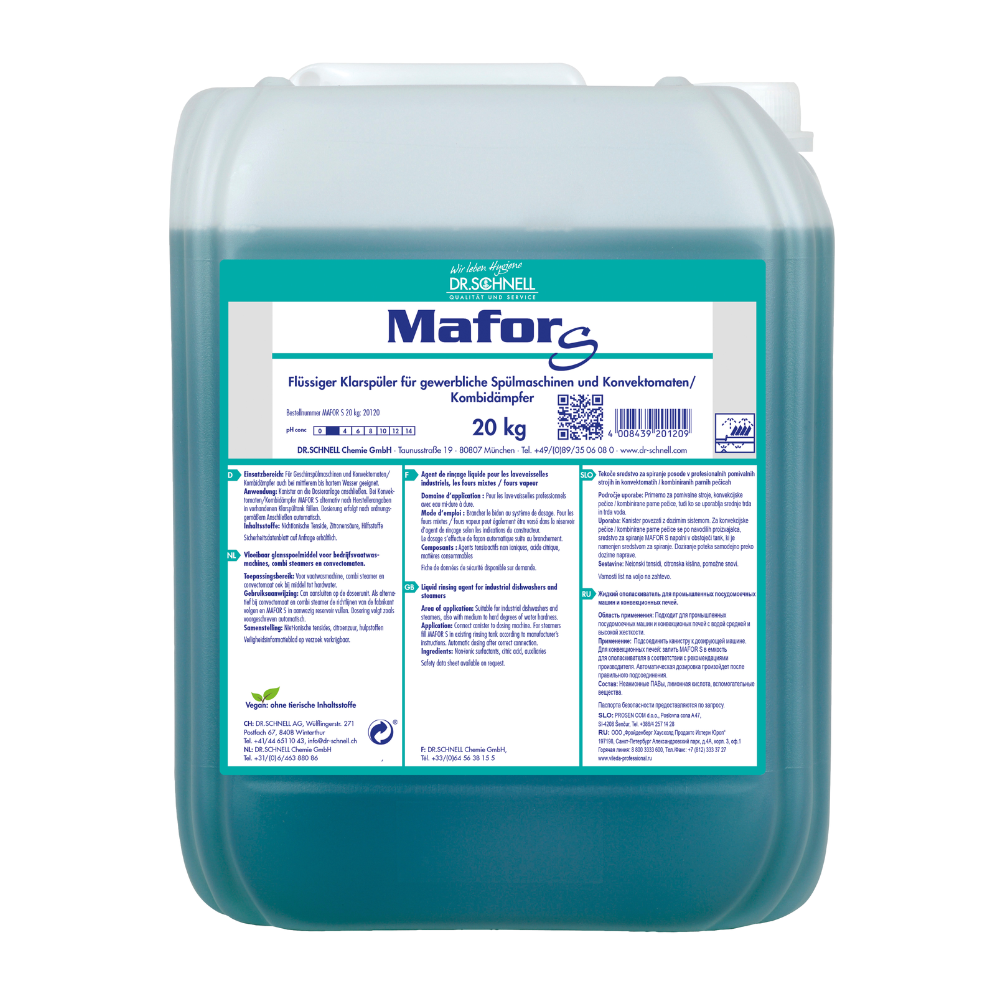 Un conteneur en plastique de 20 kg de Dr. Schnell MAFOR S Rince-brillant acide pour lave-vaisselle professionnel de DR.SCHNELL GmbH & Co. KGaA, liquide bleu, avec une étiquette allemande blanc-vert contenant des informations sur le produit et des consignes de sécurité.