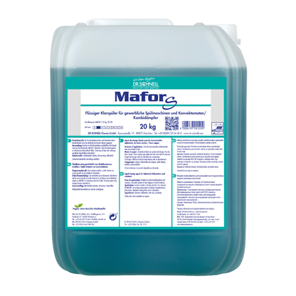 Un conteneur en plastique de 20 kg de Dr. Schnell MAFOR S Rince-brillant acide pour lave-vaisselle professionnel de DR.SCHNELL GmbH & Co. KGaA, liquide bleu, avec une étiquette allemande blanc-vert contenant des informations sur le produit et des consignes de sécurité.