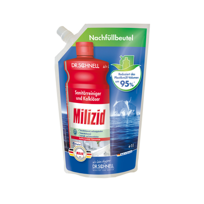 Un sachet de recharge de Dr. Schnell de nettoyant sanitaire et détartrant Milizid de DR.SCHNELL GmbH & Co. KGaA, avec une étiquette rouge et blanche, un bouchon vert et un texte allemand indiquant 95% de volume de plastique en moins.