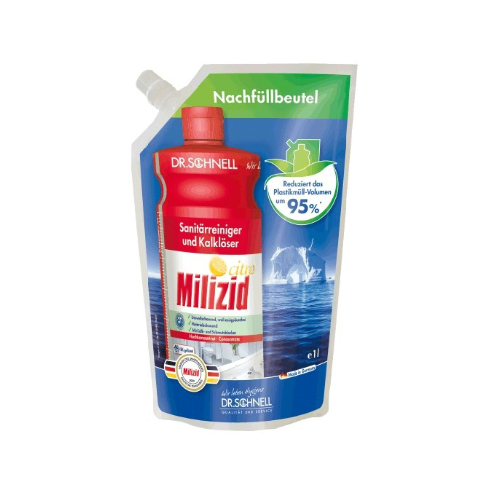 Un sachet de recharge d'un litre de Dr. Schnell Milizid Citro Nettoyant sanitaire et dissolvant de calcaire de DR.SCHNELL GmbH & Co. KGaA, en rouge et blanc avec des accents verts, texte en allemand, bec verseur et 95% de volume plastique en moins.