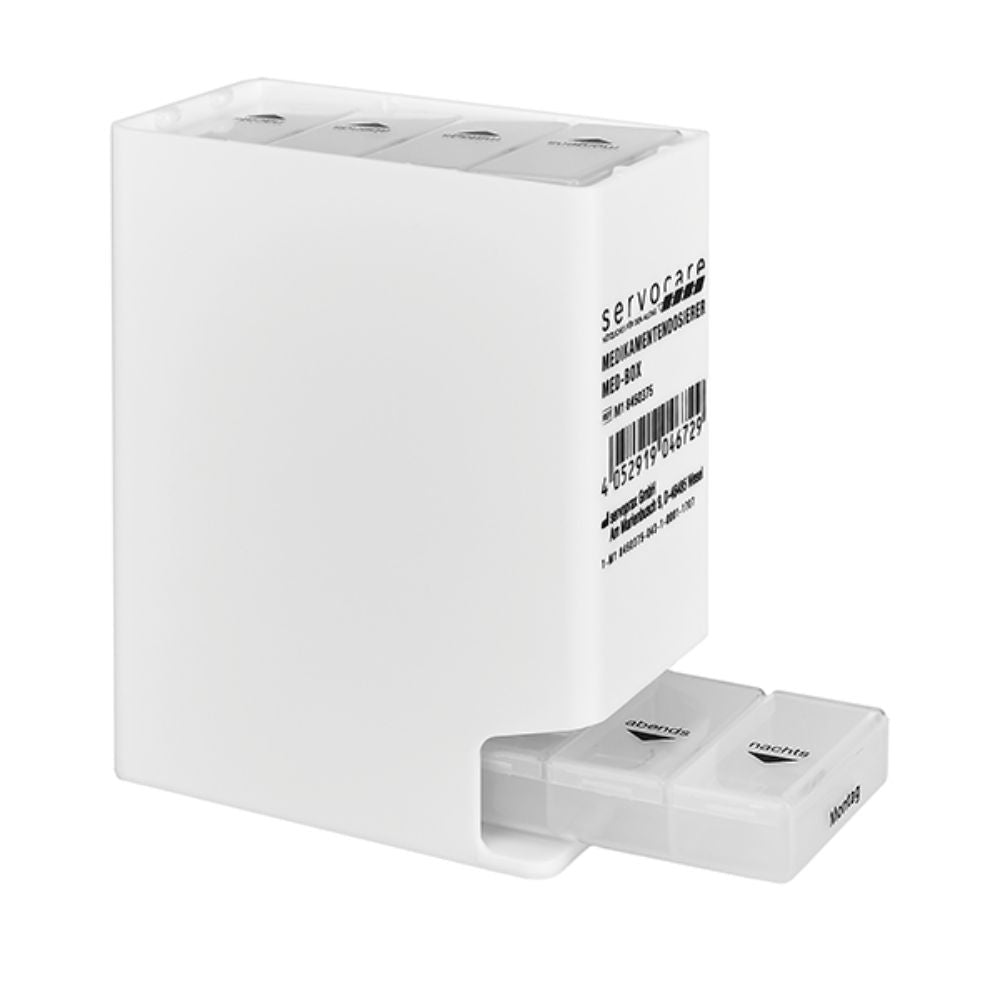 La boîte à médicaments Servocare de Servoprax GmbH est un conteneur rectangulaire blanc avec un mécanisme coulissant et dispose de compartiments séparés étiquetés avec les jours de la semaine pour un rangement ordonné des médicaments ou des compléments alimentaires, ainsi qu'un code-barres visible sur le côté.