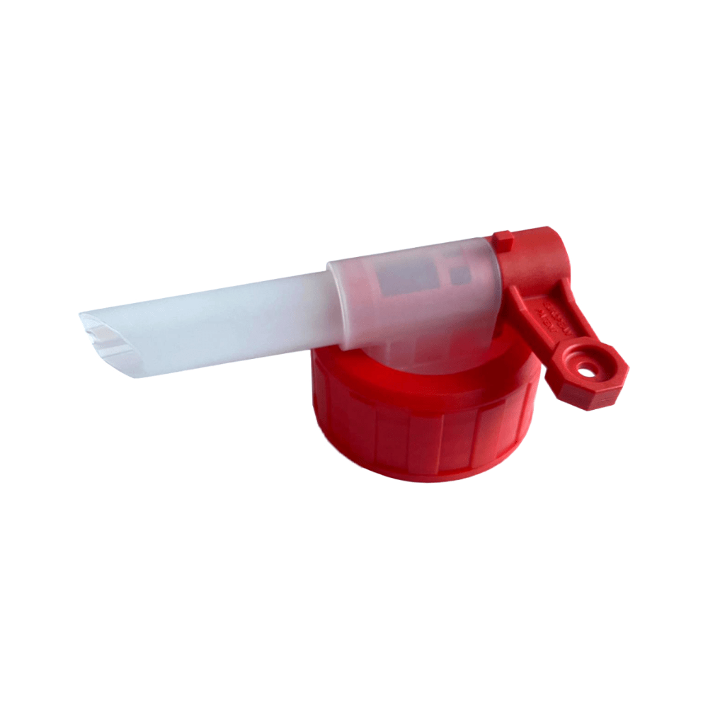 Le Dr. Becher robinet pour bidons de 5/10 litres est un bouchon en plastique rouge avec un bec verseur blanc et une technologie de robinet de remplissage pour un dosage sans goutte. Il dispose d'un levier rotatif et d'une zone semi-transparente sur un fond blanc simple - idéal pour les conteneurs comme le bidon de 10 litres.