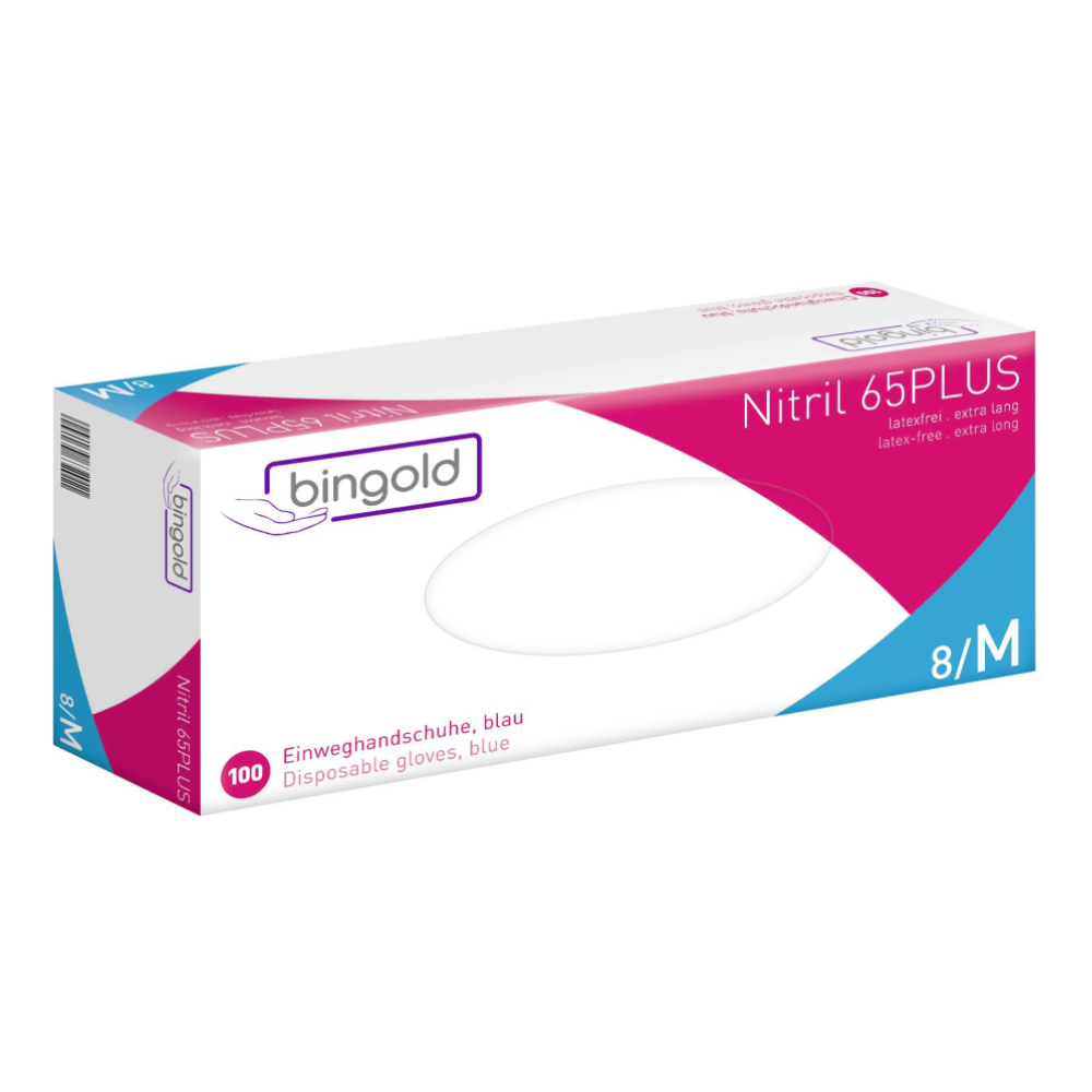 Le paquet « Bingold Nitril 65PLUS Gants, bleu » de BINGOLD GmbH + Co. KG contient 100 gants bleus extra longs sans latex en caoutchouc nitrile-butadiène avec bout des doigts microtexturé pour une meilleure adhérence en taille 8/M.