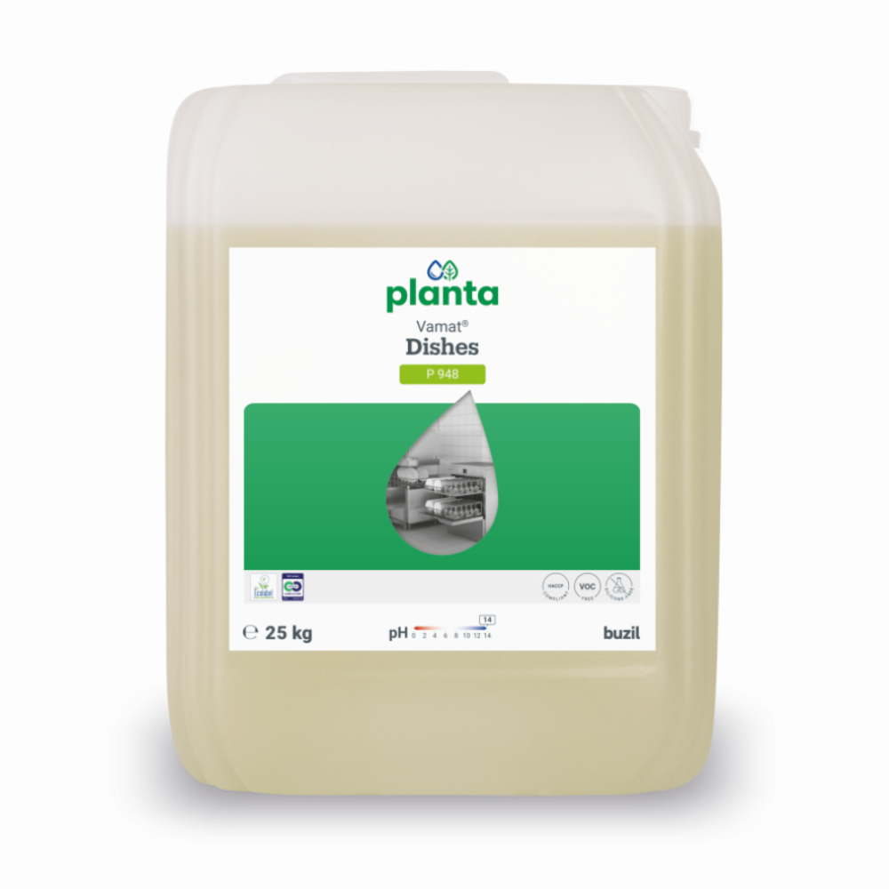 Un bidon de 25 litres en plastique transparent avec Vamat® Geschirr P948 de BUZIL-WERK, un produit écologique, alcalin pour lave-verres et lave-vaisselle pour machines professionnelles, avec une étiquette verte/blanche et une photo de vaisselle sur le devant.