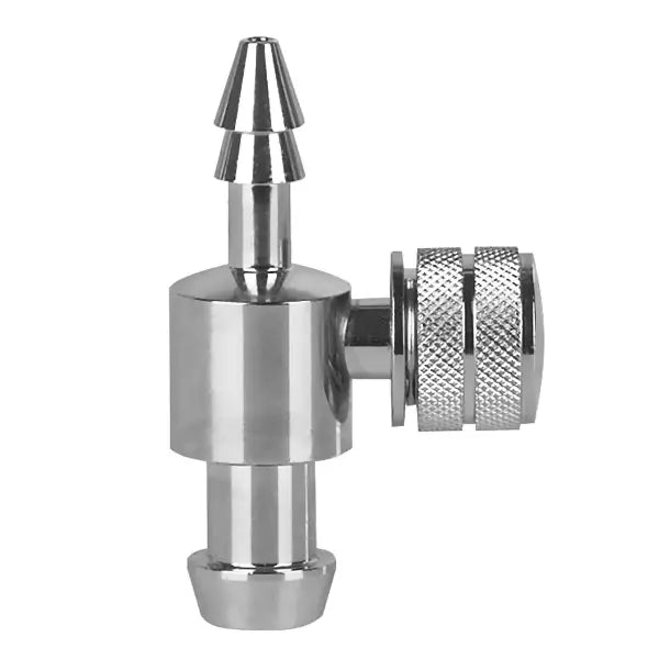 Das Pressure Man II Ablassventil, Standard mit Drehschraube (1 Stück), ist ein CO2-Rückschlagventil aus Edelstahl mit gerändeltem Griff und Düse, ideal für Getränke- oder Aquariensysteme, abgebildet auf weißem Hintergrund.