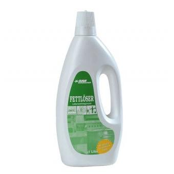 Une bouteille en plastique blanche de 1L avec l'inscription "Dégraissant" contient GastroPower TK-RAN de Abena Re-Seller GmbH, idéale pour lutter contre les salissures tenaces dans la gastronomie; disponible en carton avec 4 bouteilles (4*1L).