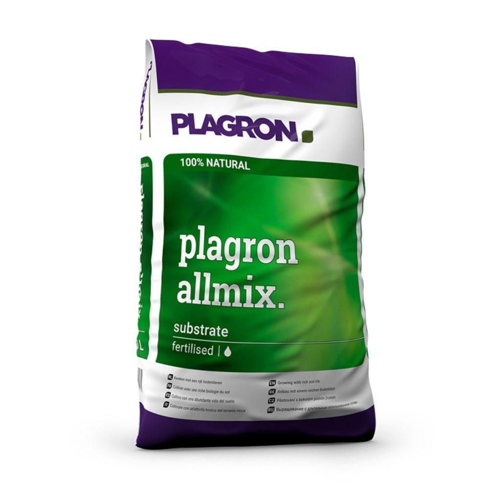 Le Plagron Allmix 50L de Bertels B.V. est un sac vert-violet avec une inscription blanche « 100% naturel ». Il est enrichi d'un engrais organique préalable et dispose de symboles de lombricompost pour une croissance améliorée des plantes.