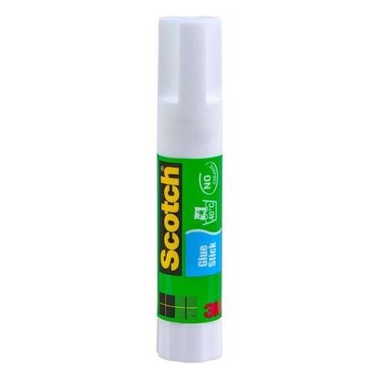 Le tube en plastique blanc Scotch® bâton de colle permanente, 8 g de 3M Deutschland GmbH se tient debout avec une étiquette vert-jaune et un capuchon blanc sur fond blanc, offrant une adhérence forte et fiable dans un format pratique.