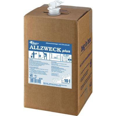 La boîte éco de 10 l GastroPower Allzweck Plus de Abena Re-Seller GmbH en carton brun avec robinet distributeur et étiquette bleu-blanc offre un nettoyant polyvalent concentré et écologique pour une utilisation polyvalente dans la gastronomie.