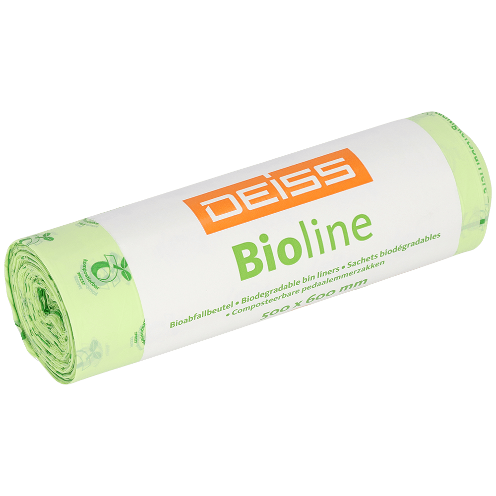 Un rouleau de sacs poubelle EMIL DEISS KG DEISS BIOLINE, en film biodégradable, 30 L, couleur naturelle, 500 x 600 x 0,018 mm (20 pièces), met en avant ses propriétés compostables pour une gestion durable des déchets.