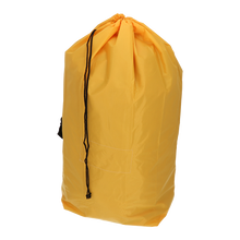 Ein großer gelber EMIL DEISS KG (GmbH + Co.) DEISS 6507 wiederverwendbarer Abfallsack 700x1100 mm, Packung (1 Stück), steht aufrecht mit schwarzen Kordelzügen und einem kleinen Frontaufnäher, perfekt für umweltfreundliche Abfallentsorgung.