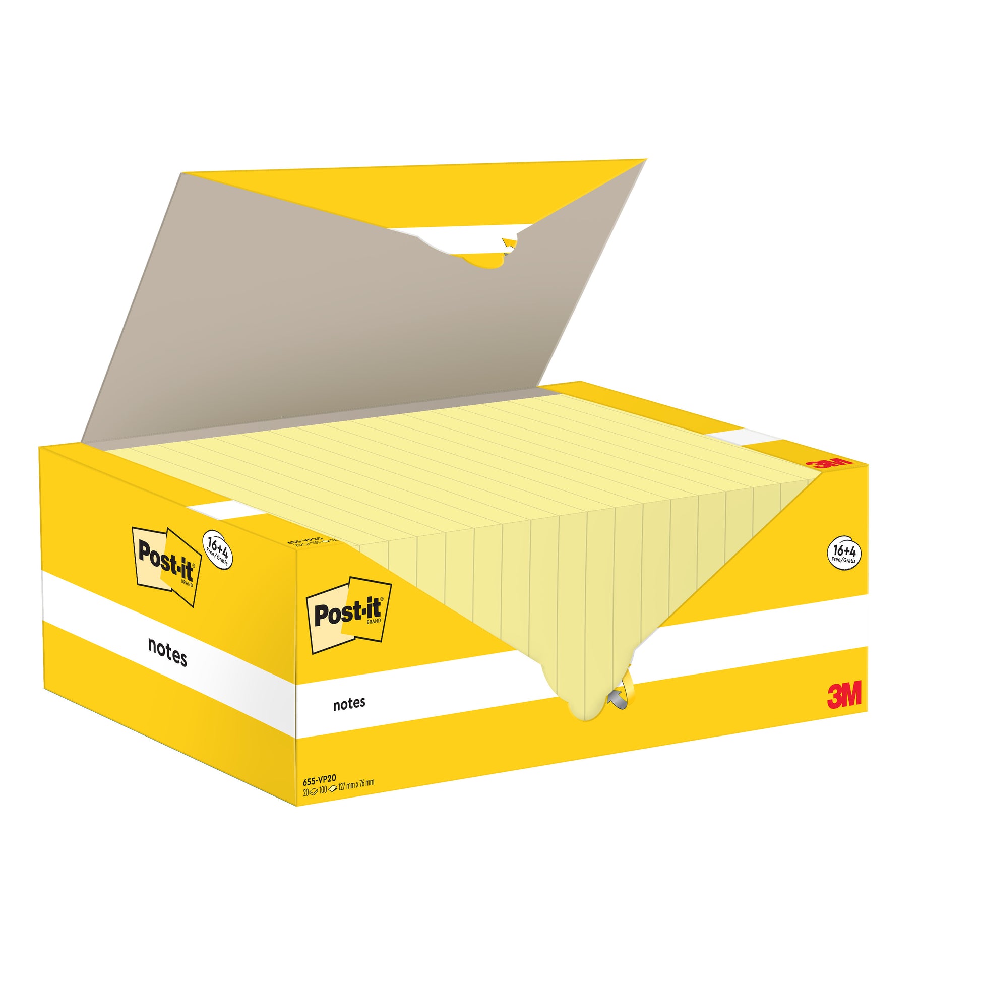 Eine geöffnete gelbe Schachtel Post-it® Notes (76x127mm, 100 Blatt/Block, 16 Blöcke + 4 gratis/Packung, PEFC-zertifiziert) der 3M Deutschland GmbH zeigt den Stapel im Inneren; die Verpackung zeigt Post-it- und 3M-Logos sowie das Etikett "notes".
