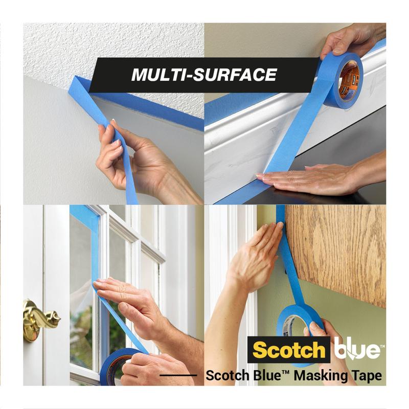 Quatre images montrent des mains appliquant le ruban de masquage ScotchBlue™ "Multi-Surface" de 3M Deutschland GmbH sur un plafond texturé, une plinthe, un encadrement de fenêtre et un mur peint. Le texte indique "Multi-Surface" et "Scotch Blue Masking Tape".