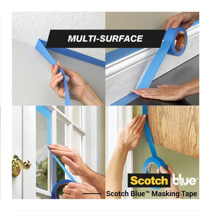 Quatre images montrent des mains appliquant le ruban de masquage ScotchBlue™ "Multi-Surface" de 3M Deutschland GmbH sur un plafond texturé, une plinthe, un encadrement de fenêtre et un mur peint. Le texte indique "Multi-Surface" et "Scotch Blue Masking Tape".