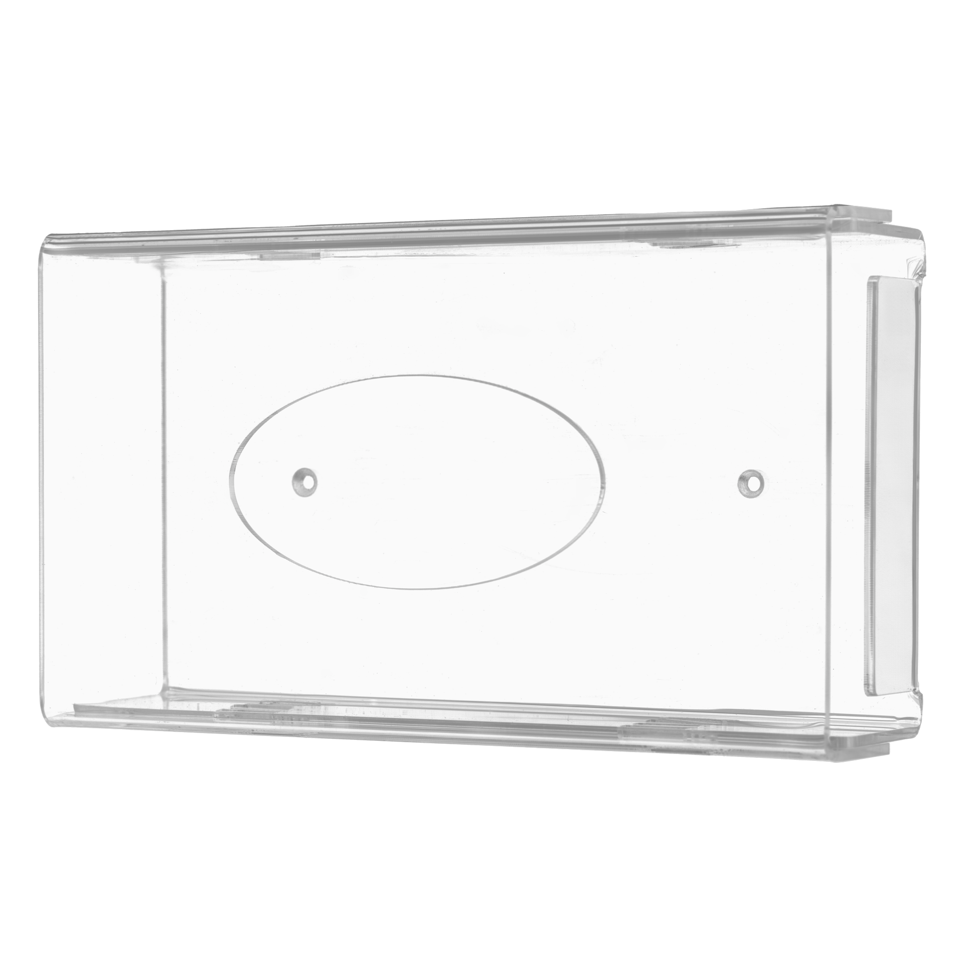 Der AMPri Einmalhandschuh Spender ist ein transparenter, milchiger Acryl-Spenderhalter (250 x 135 x 55-90 mm) mit abgerundeten Kanten, flachem Boden, zentraler ovaler Vertiefung und Befestigungslöchern zur einfachen Wandmontage.