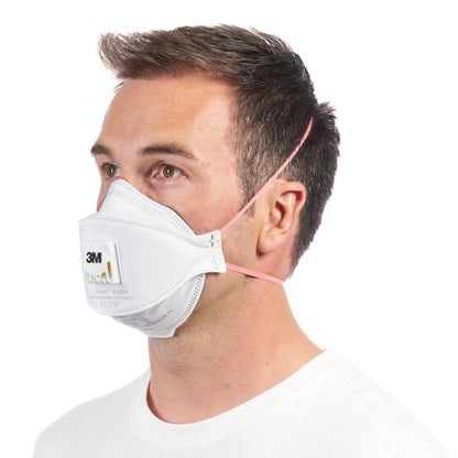 Une personne aux cheveux bruns courts porte un masque respiratoire à particules 3M™ Aura™ Comfort Cool Flow™ 9332+ FFP3 avec valve de 3M Deutschland GmbH, blanc avec des bandes roses, en vue latérale sur fond uni blanc.