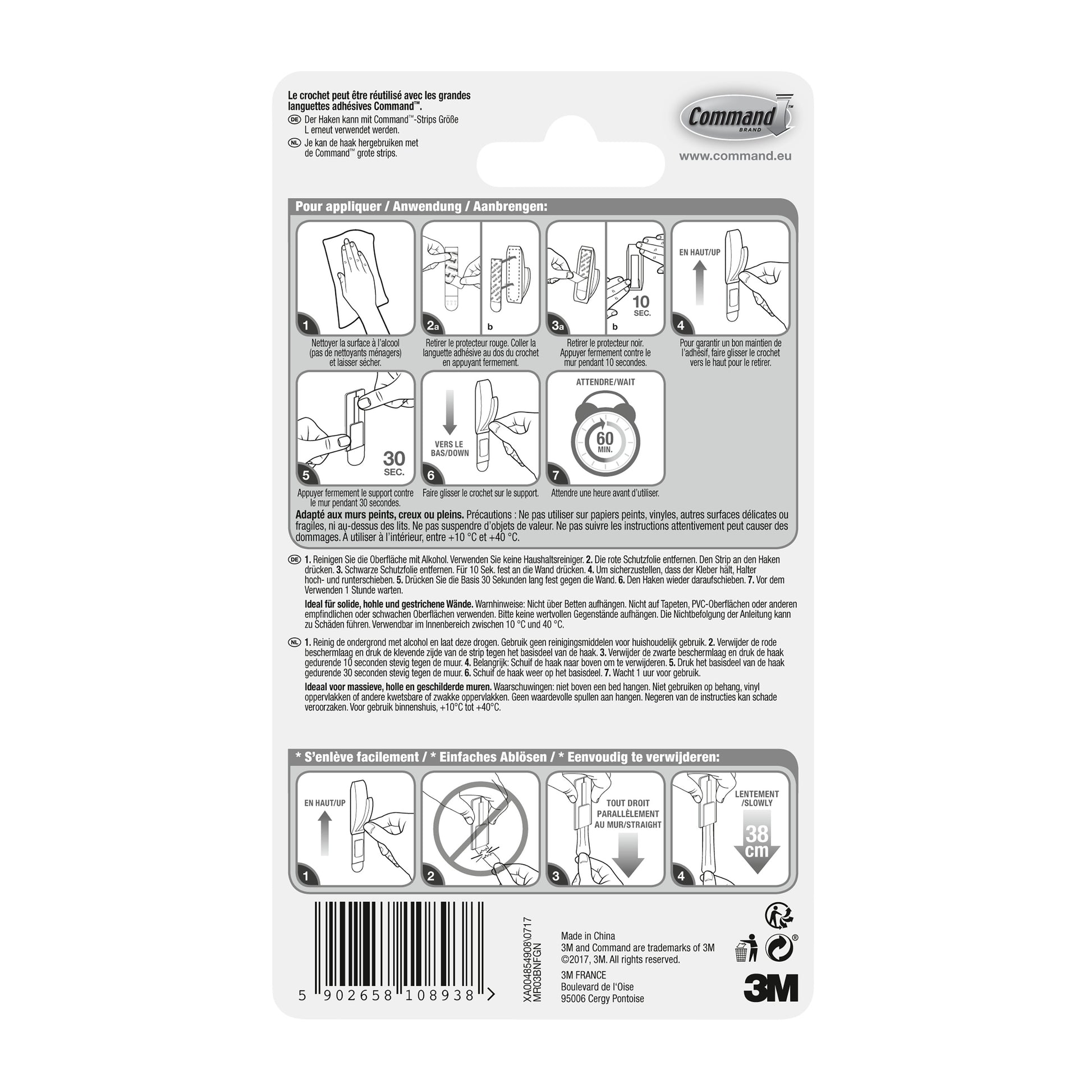 Auf der Rückseite einer Command™ Metallhaken "Modern Reflection"-Verpackung der 3M Deutschland GmbH befinden sich eine bebilderte und schriftliche Schritt-für-Schritt-Anleitung, Produktdetails, Barcode und Unternehmensinformationen am unteren Rand.