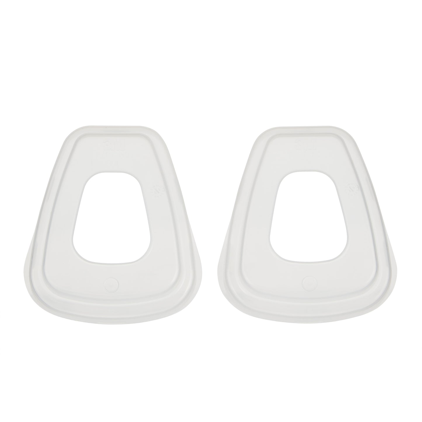 Zwei identische, weiße, trapezförmige Deckel mit großen ovalen Öffnungen, die Teilen aus der 3M™ Arbeitsschutz-Starter-Box für Profis 1000MCWE der 3M Deutschland GmbH ähneln, sind nebeneinander auf einem einfarbig weißen Hintergrund angeordnet.