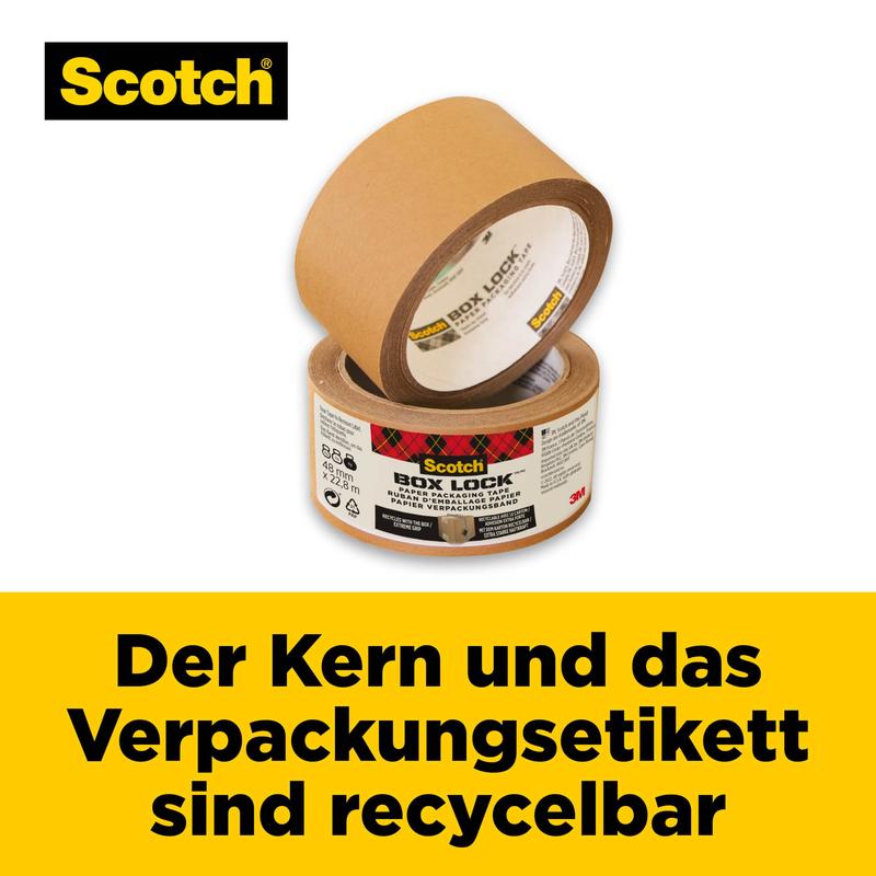 Un rouleau de ruban d'emballage en papier Scotch® Box Lock™ (48 mm x 22,8 m) de 3M Deutschland GmbH est illustré avec une étiquette visible. Le texte indique un manchon et une étiquette d'emballage recyclables. Fond jaune, logo Scotch en haut à gauche.
