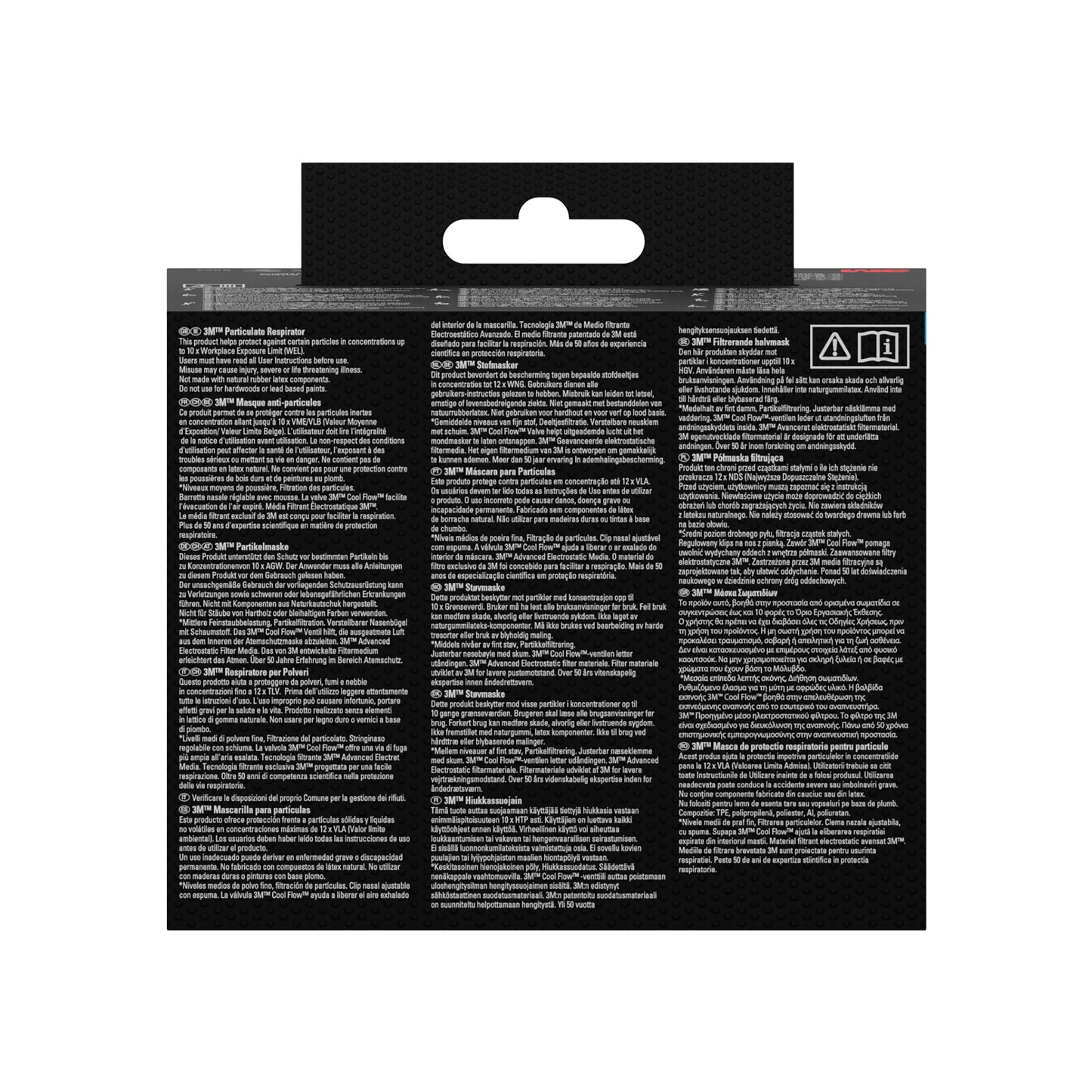 Die Rückseite der Verpackung der 3M™ Cool Flow™ Partikelmaske 8822 FFP2 von 3M Deutschland GmbH zeigt mehrere Spalten mit weißem, mehrsprachigem Text auf schwarzem Grund, der Anweisungen, Warnhinweise und Produktdetails enthält. An der Oberseite ist eine Aufhängelasche zu sehen.