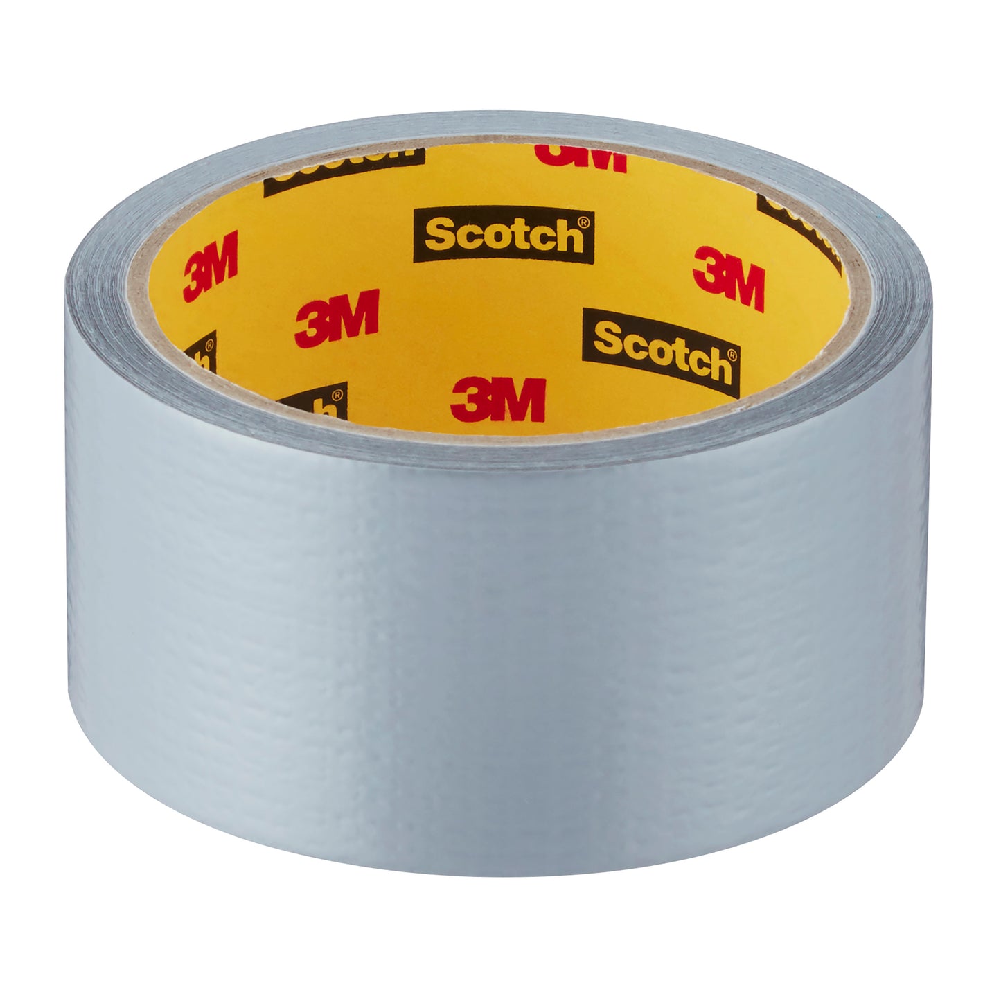 Eine Rolle Scotch® Universal Klebeband 2904 (10 m x 48 mm) der 3M Deutschland GmbH mit gelbem Innenkern mit rotem "3M"- und schwarzem "Scotch"-Logo, leicht strukturierte Oberfläche, abgebildet auf weißem Hintergrund.