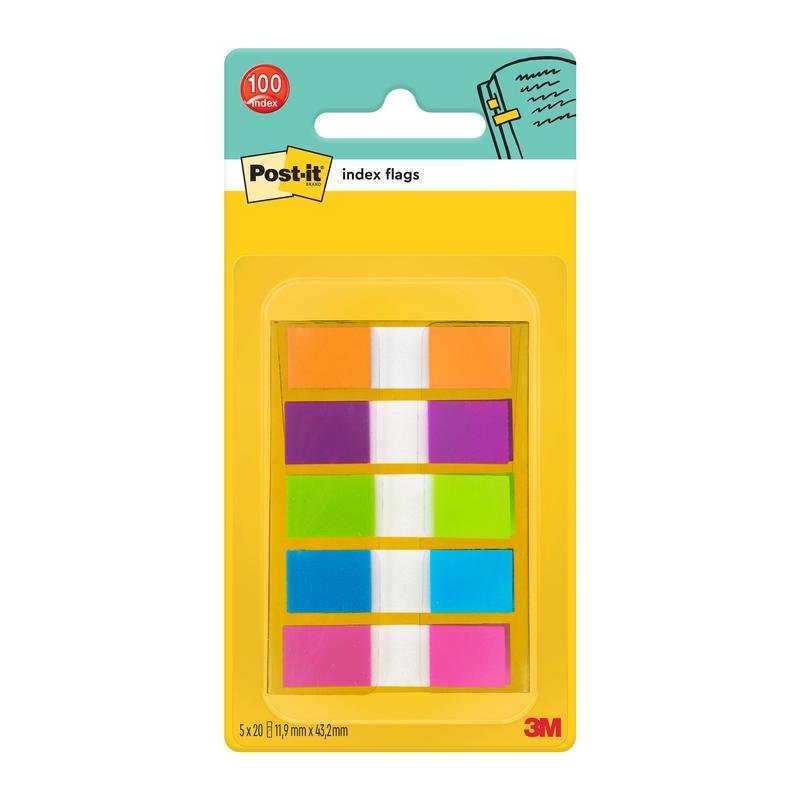 Un paquet jaune de Post-it® Index Signets, Mini (11,9 mm x 43,2 mm), de 3M Deutschland GmbH, contient 100 fanions en cinq couleurs - orange, rose, violet, bleu et vert - chacun avec une bande blanche au milieu.