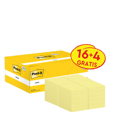 Ein gelber Promotion-Pack von Post-it® Notizzetteln (3M Deutschland GmbH), 38x51mm, 100 Blatt/Block, enthält 16 Blöcke plus 4 gratis (16+4 GRATIS). Enthält das ikonische Post-it-Logo; Notizzettel sind PEFC-zertifiziert (SGSCH-PEFC-COC-110078).
