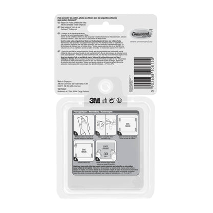 Auf der Rückseite des Command™ Poster-Strips im Vorteilspack, 17024-VP von 3M Deutschland GmbH befinden sich eine Anleitung in Französisch, Niederländisch und Deutsch, ein Barcode, die Logos von 3M und Command sowie illustrierte Schritte für das Befestigen ohne Bohren.