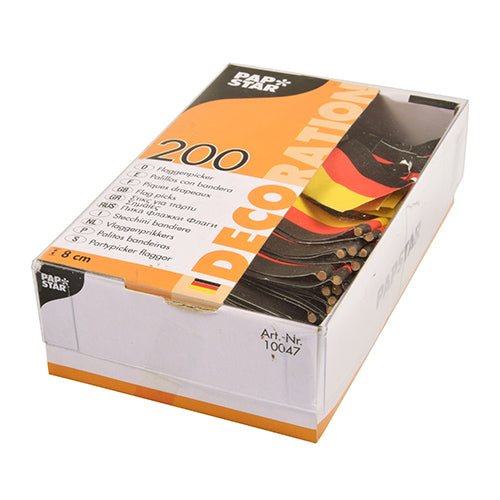 Une boîte de 200 PAPSTAR Deko-Picker (8 cm) de la PAPSTAR GmbH avec de petits motifs de drapeaux allemands – idéal pour le catering et les amuse-gueules. L'emballage principalement blanc et orange a une fenêtre qui permet de voir les piques à l'intérieur.