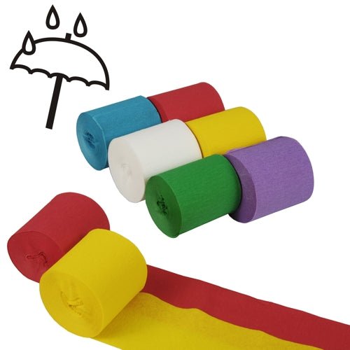 Six PAPSTAR Des rubans crêpés (10 m x 5 cm, couleurs assorties, imperméables, 6 rouleaux) de la société GmbH sont représentés sur deux rangées ; deux d'entre eux sont partiellement déroulés et, en haut à gauche, figure un parapluie orné de gouttes de pluie.