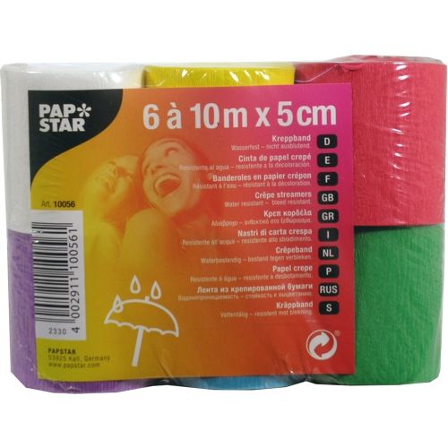 PAPSTAR Rubans crêpés 10 m x 5 cm, couleurs assorties (6 rouleaux : violet, jaune, orange, rouge, vert, blanc), imperméables. Idéaux pour les travaux manuels. Emballage comportant un texte multilingue et un petit symbole représentant un parapluie.