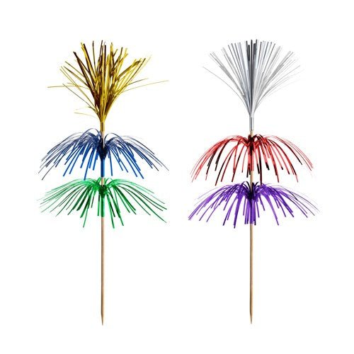 Les PAPSTAR 100 Deko-Pickers de la société PAPSTAR GmbH en bois, ornés de guirlandes en or, argent, bleu, rouge, vert et violet - idéal pour des présentations élégantes sur fond blanc.