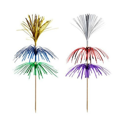 Les PAPSTAR 100 Deko-Pickers de la société PAPSTAR GmbH en bois, ornés de guirlandes en or, argent, bleu, rouge, vert et violet - idéal pour des présentations élégantes sur fond blanc.