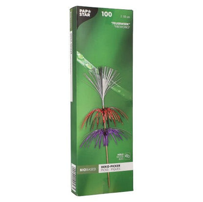 Le PAPSTAR 100 Deko-Picker de la société PAPSTAR est livré dans une boîte rectangulaire verte contenant 100 picks robustes avec des franges métalliques en argent, rouge et violet. Idéal pour des présentations élégantes ; les informations sur la marque et le produit sont affichées sur la boîte.