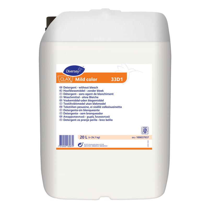 Un bidon en plastique blanc de 20 litres de Diversey Clax Mild color 33D1, un détergent enzymatique pour textiles délicats, est muni d'une étiquette bleue/orange en plusieurs langues, d'une poignée noire et d'un couvercle scellé. De Diversey Deutschland GmbH & Co. OHG.