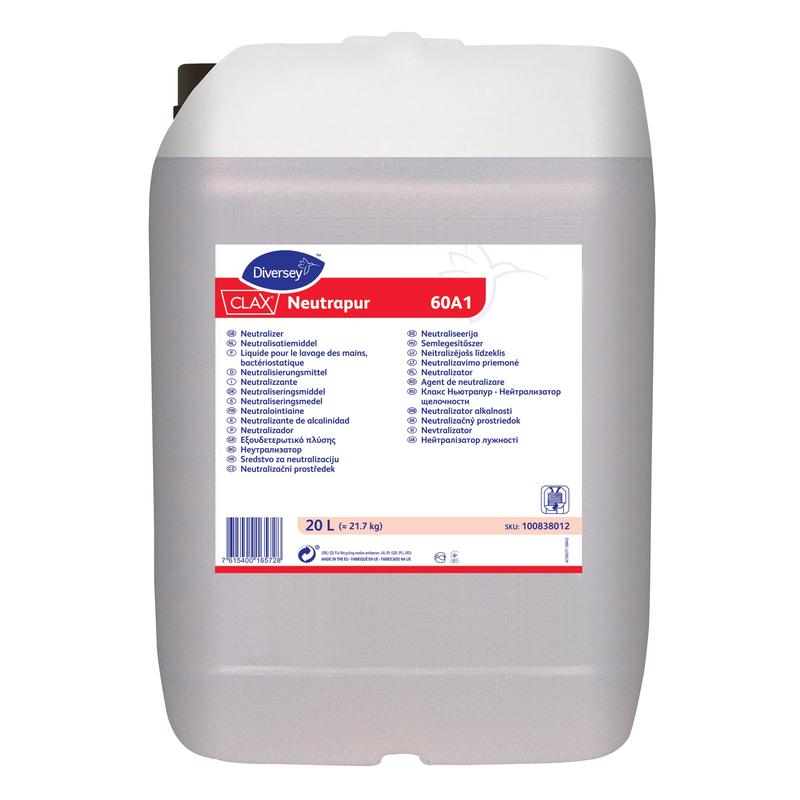 Un bidon de 20 litres de Clax Neutrapur 60A1 neutralisant pour alcalinité de Diversey Deutschland GmbH & Co. OHG, avec une étiquette multilingue blanche et bleue, pour éliminer les résidus alcalins du linge.
