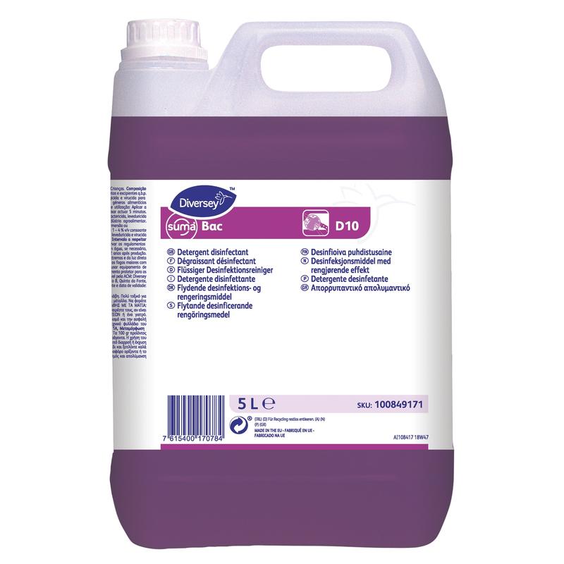 Un conteneur en plastique de 5 litres avec du désinfectant Suma Bac D10 de Diversey Deutschland GmbH & Co. OHG contenant un liquide violet, équipé d'une poignée de transport et d'une étiquette avec des détails sur le produit et des instructions d'utilisation.