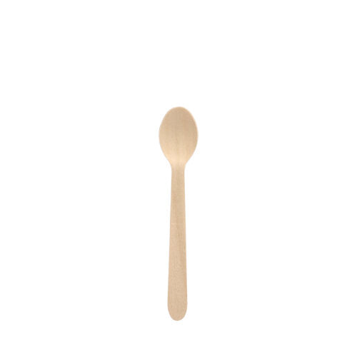 Une cuillère à café en bois "pure", 11 cm, de PAPSTAR GmbH (boîte pliante, 100 pièces) est centrée sur un fond blanc simple.